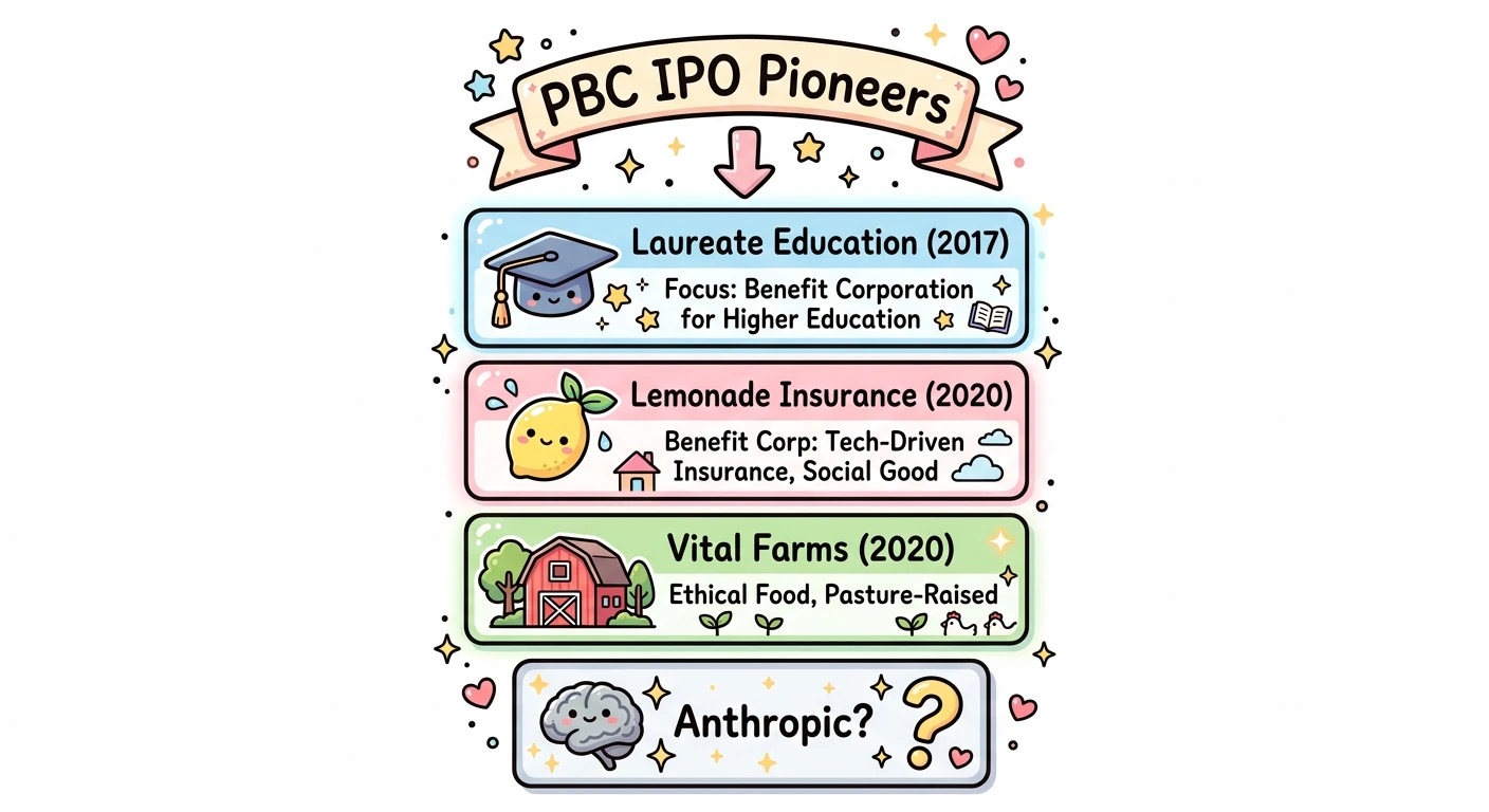 過去のPBC IPO事例リスト(Laureate Education 2017年、Lemonade 2020年、Vital Farms 2020年)と、Anthropicの3800億ドル規模との桁違いの差を強調