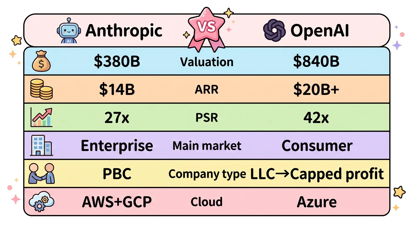 Anthropic vs OpenAI の比較表(評価額・ARR・PSR・主力市場・企業形態・クラウド対応の6指標)