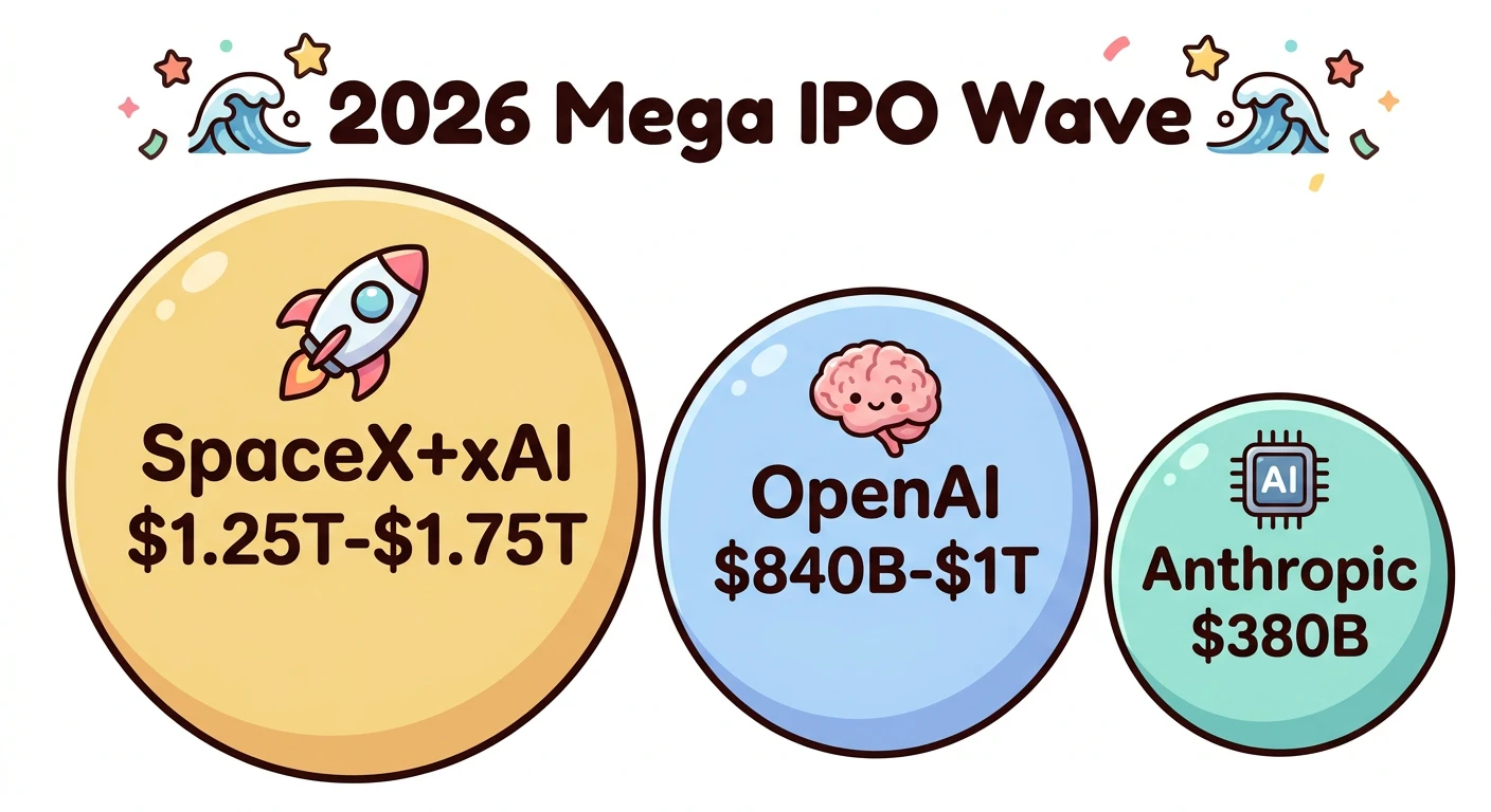 2026年メガIPOウェーブ(SpaceX+xAI $1.25T〜$1.75T、OpenAI $840B〜$1T、Anthropic $380B)