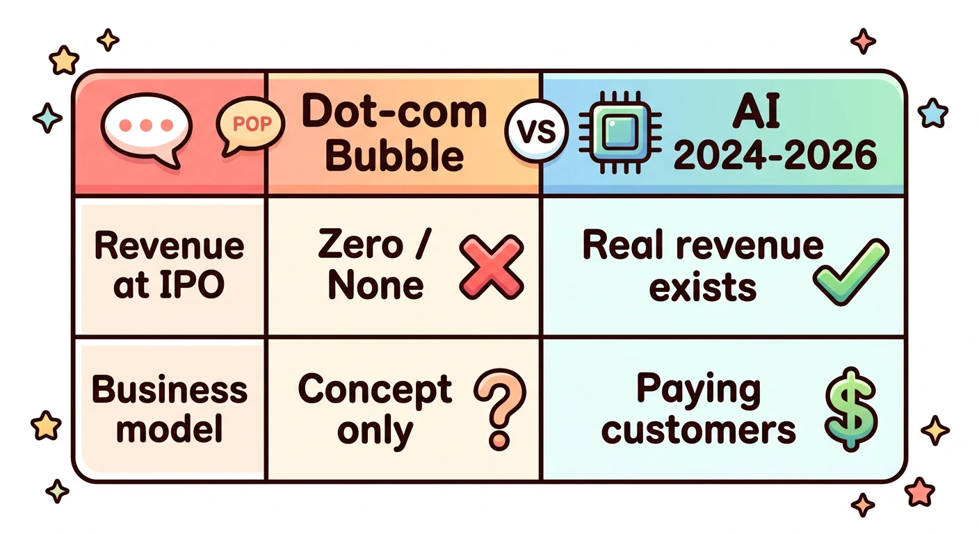 対比表: ドットコムバブル(売上ゼロで上場)vs AIバブル(実収益あり)