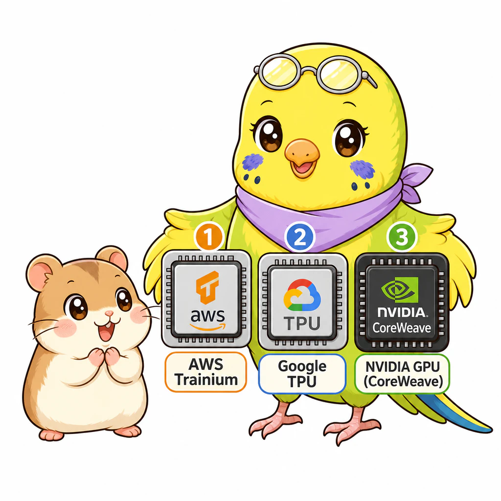 ①AWS Trainium / ②Google TPU / ③CoreWeave GPU