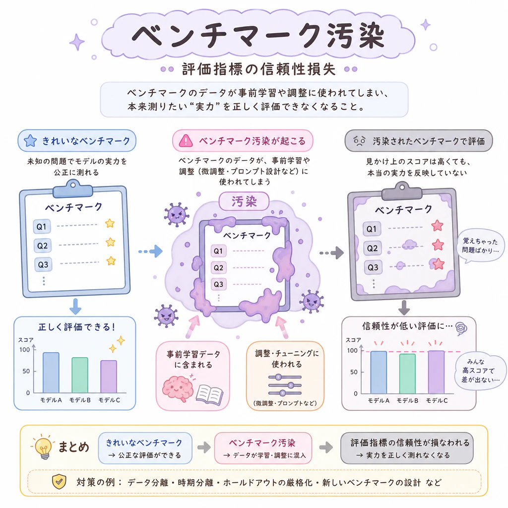 「ベンチマーク汚染」: 評価指標の信頼性損失