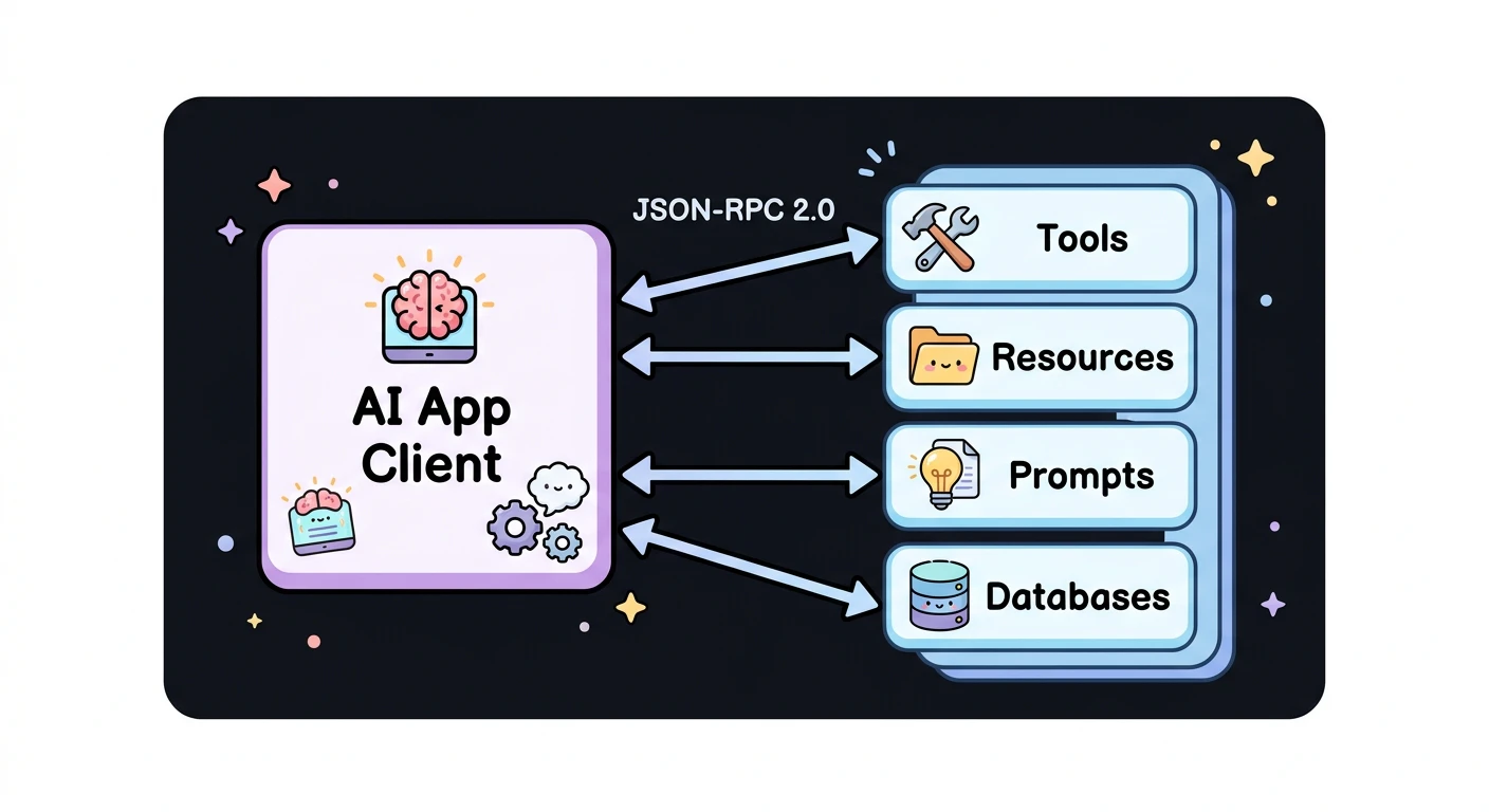 MCPの基本構造図: AIアプリ(クライアント)とツール・データソース(サーバー)がJSON-RPC 2.0で通信する概念図
