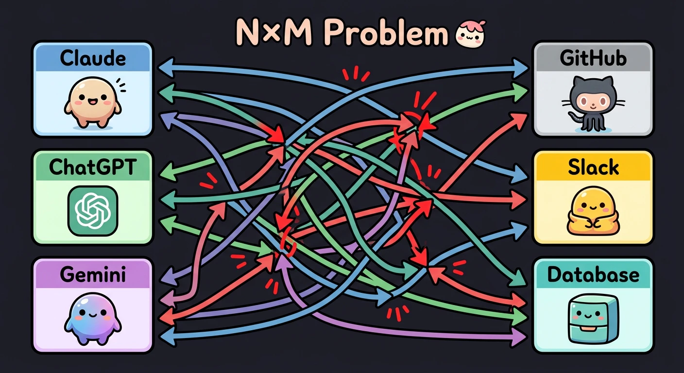 N×M問題の図解: 左にAIモデル群(Claude、ChatGPT、Gemini)、右にツール群(GitHub、Slack、DB)、全てが個別に接続線で結ばれている複雑な図