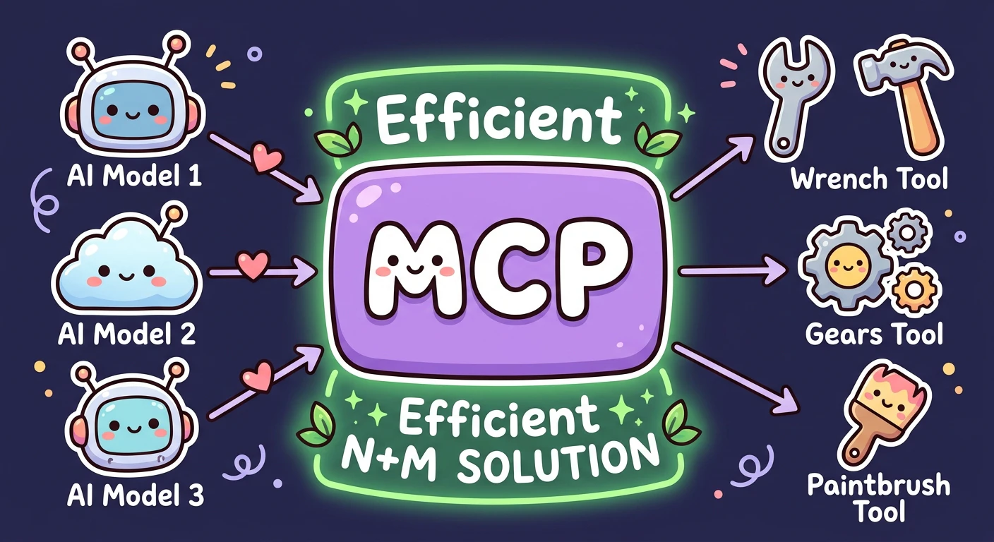 N+M解決の図解: 中央にMCPロゴ、左のAIモデル群と右のツール群がMCPを介してシンプルに接続される図