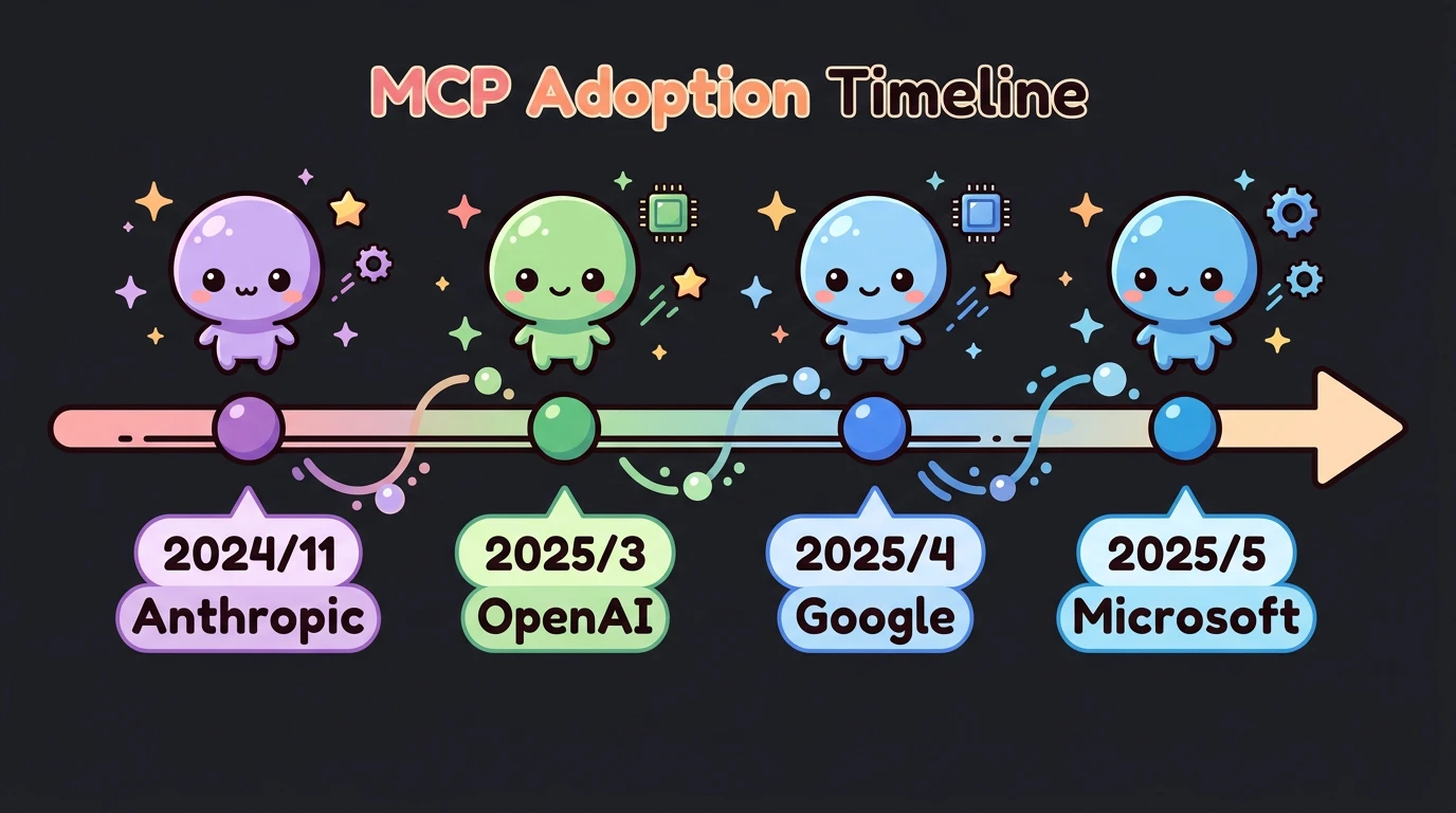 MCP採用タイムライン: 2024年11月Anthropic発表 → 2025年3月OpenAI → 2025年4月Google → 2025年5月Microsoft の時系列図