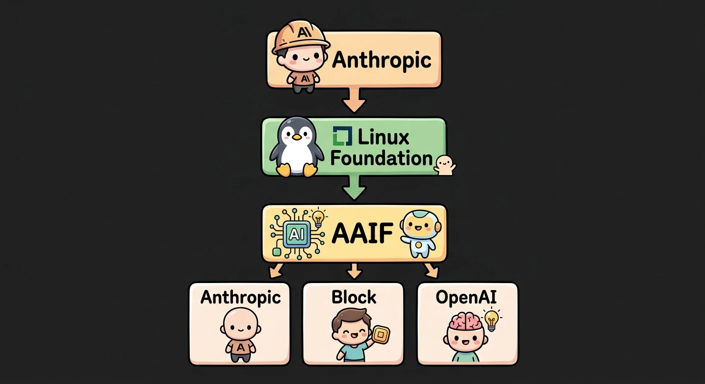 Linux Foundation/AAIF移管の図: Anthropic → Linux Foundation配下のAAIF。共同創設者にAnthropic、Block、OpenAIのロゴ