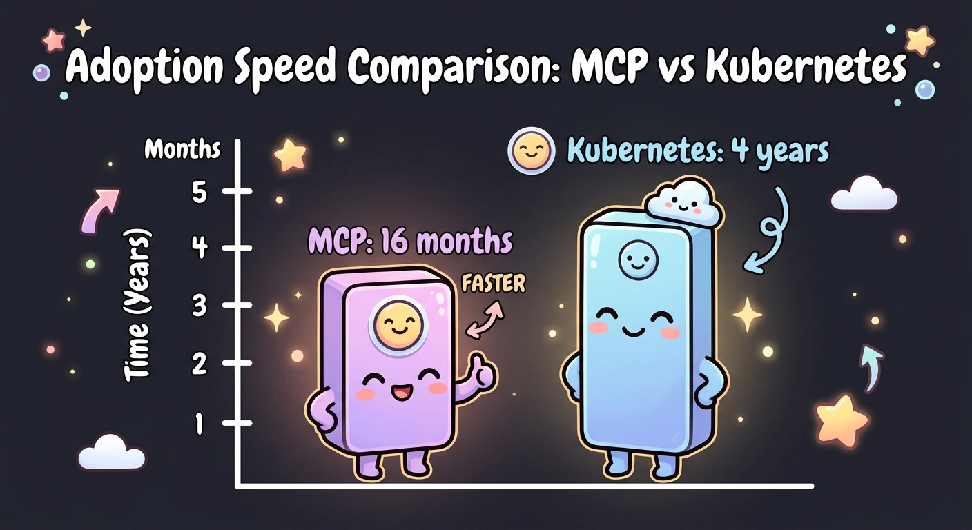 普及速度の比較グラフ: MCP(16ヶ月)vs Kubernetes(約4年)のデプロイメント密度到達速度を棒グラフで比較