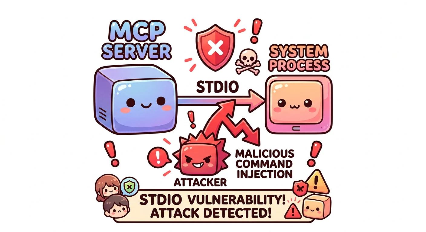 STDIO脆弱性の図解: MCPサーバーが標準入出力(STDIO)経由で接続 → 悪意あるコマンドが注入される流れを矢印で示す