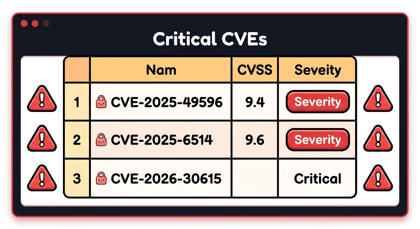 主要CVE一覧テーブル: CVE-2025-49596(CVSS 9.4)、CVE-2025-6514(CVSS 9.6)、CVE-2026-30615(Critical)等を赤い警告マーク付きで表示