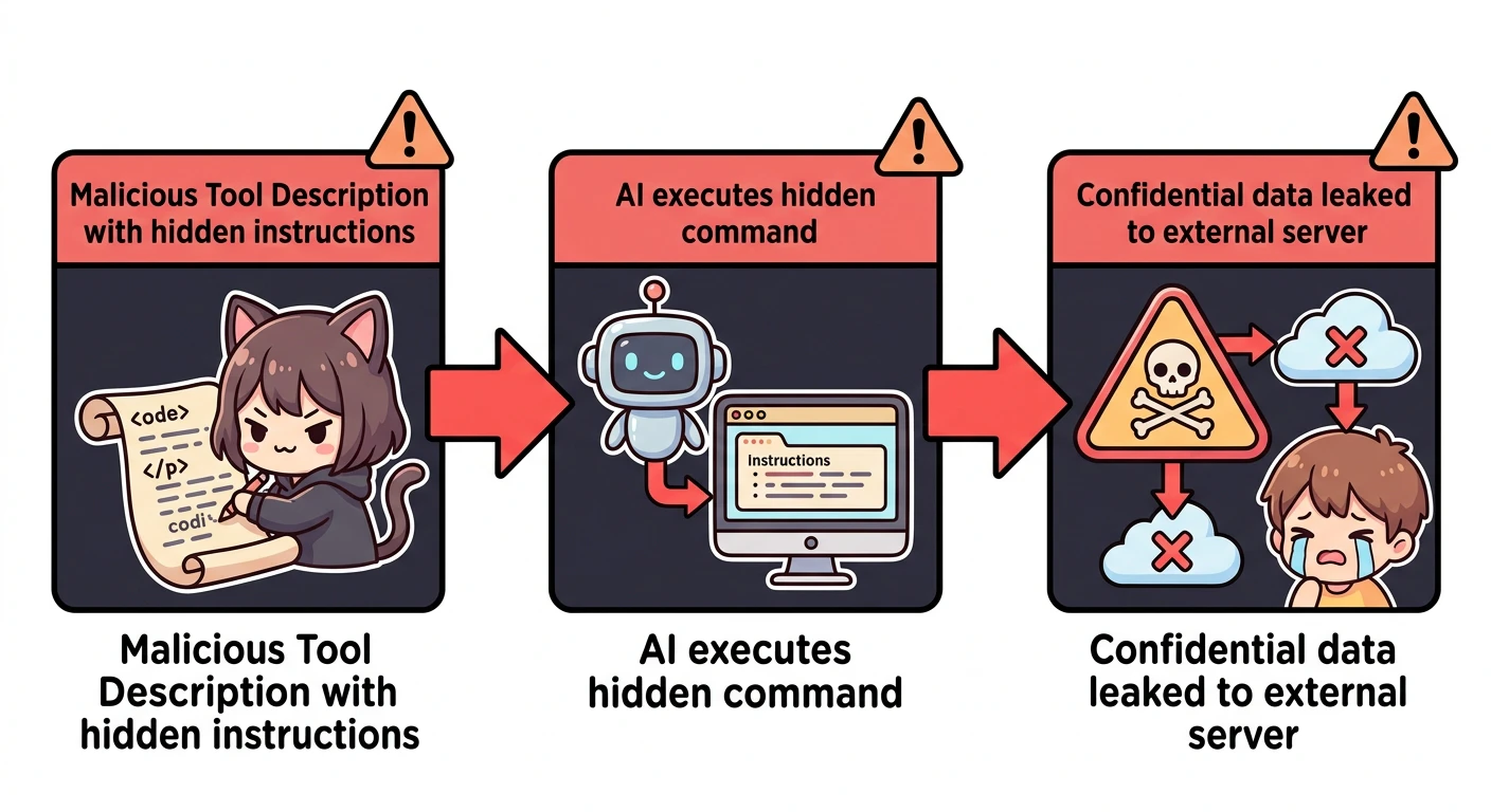 Tool Poisoning攻撃フロー: 悪意あるツール説明文 → AIが隠し指示を実行 → 機密情報が外部に送信される図
