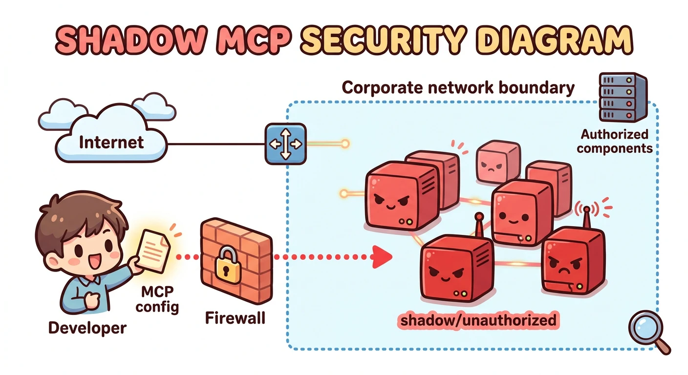 Shadow MCPの概念図: 開発者がGitHubからMCP設定をコピー → 社内ネットワークに無許可のMCPサーバーが乱立 → ファイアウォールを迂回して外部からアクセス可能に