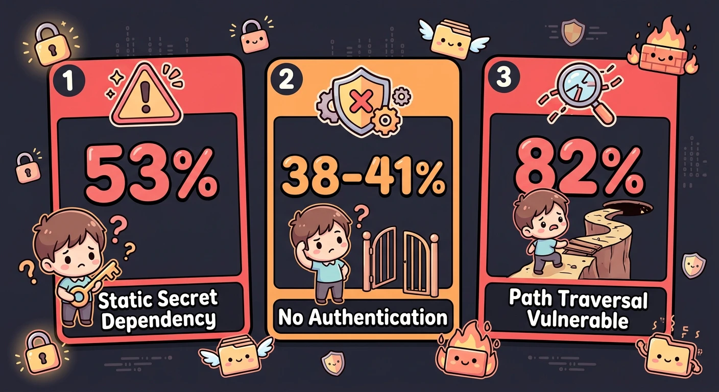 セキュリティ統計インフォグラフィック: 「53%が静的シークレット依存」「38-41%が認証なし」「82%がパストラバーサル脆弱」の3つの数値を強調表示