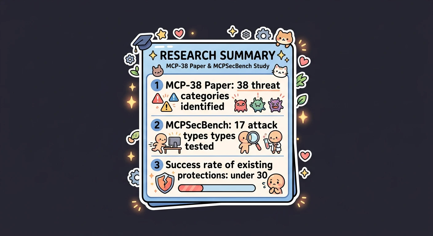 学術研究の要点: 「MCP-38論文: 38の脅威カテゴリー」「MCPSecBench: 17の攻撃タイプ」「既存の保護機構の成功率は30%未満」