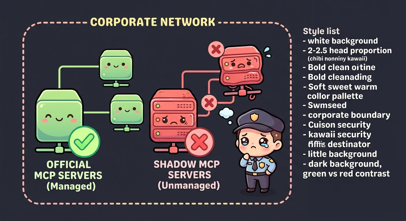 Shadow MCP概念図: 企業ネットワーク内に公式MCPサーバー(管理下)と非公式MCPサーバー(管理外)が混在する図