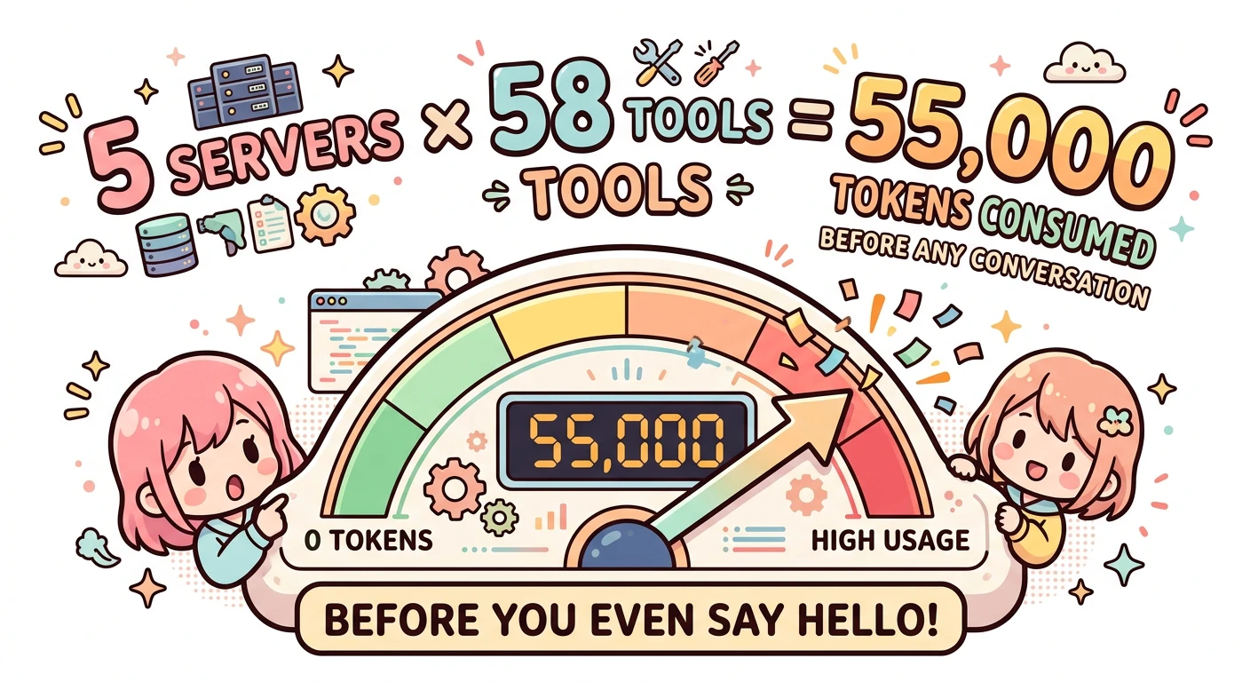 トークン消費の図解: 5サーバー×58ツール = 約55,000トークンが会話前に消費される様子を視覚化