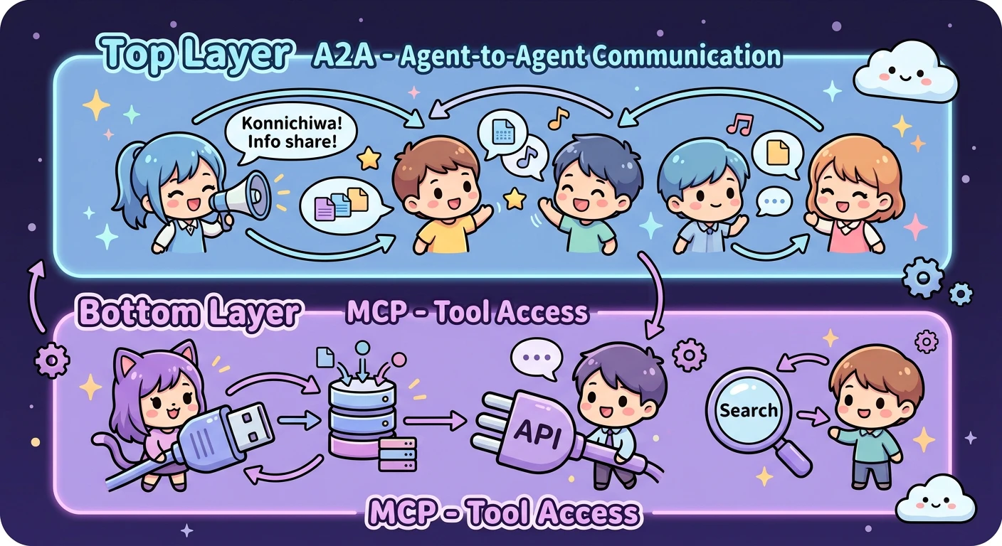 MCPとA2Aの関係図: MCP = エージェントとツールの接続(手の拡張)、A2A = エージェント同士の通信(同僚との会話)。二層構造を視覚化
