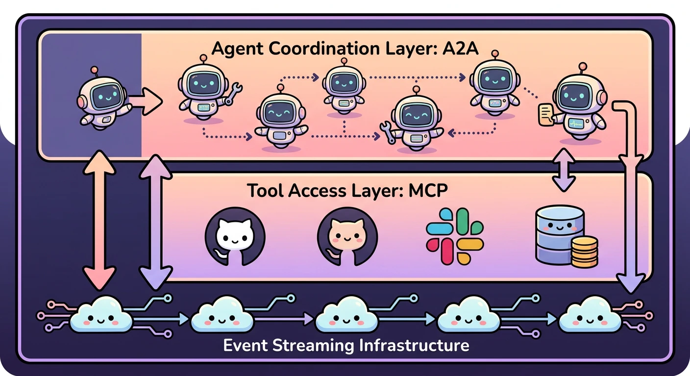 二層構造のアーキテクチャ図: 下層「ツールアクセス層: MCP」→ 上層「エージェント間協調層: A2A」。両層をまたぐイベントストリーミング基盤(Kafka等)