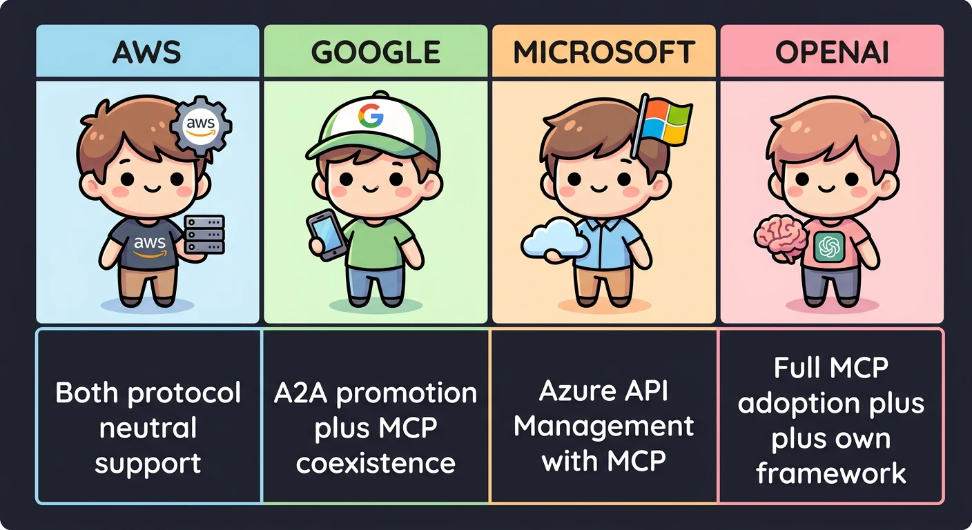 各社のスタンスまとめ: AWS「両プロトコル中立サポート」、Google「A2A推進+MCP共存」、Microsoft「Azure API ManagementでMCP認可」、OpenAI「MCP全面採用+独自フレームワーク」
