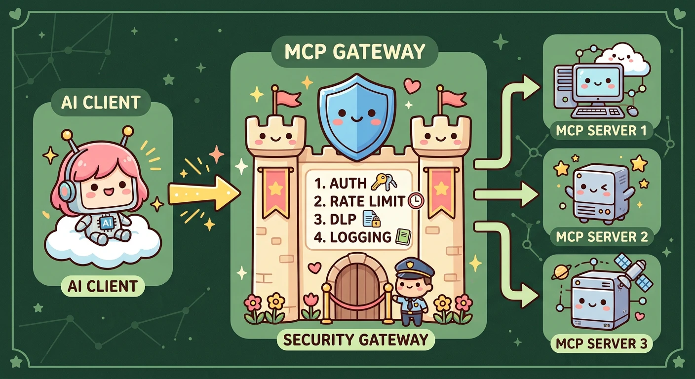 MCP Gatewayの構成図: AIクライアント → MCP Gateway(認証・認可・レート制限・DLP・ログ)→ 各MCPサーバーへ。ゲートウェイがセキュリティの関所として機能する図