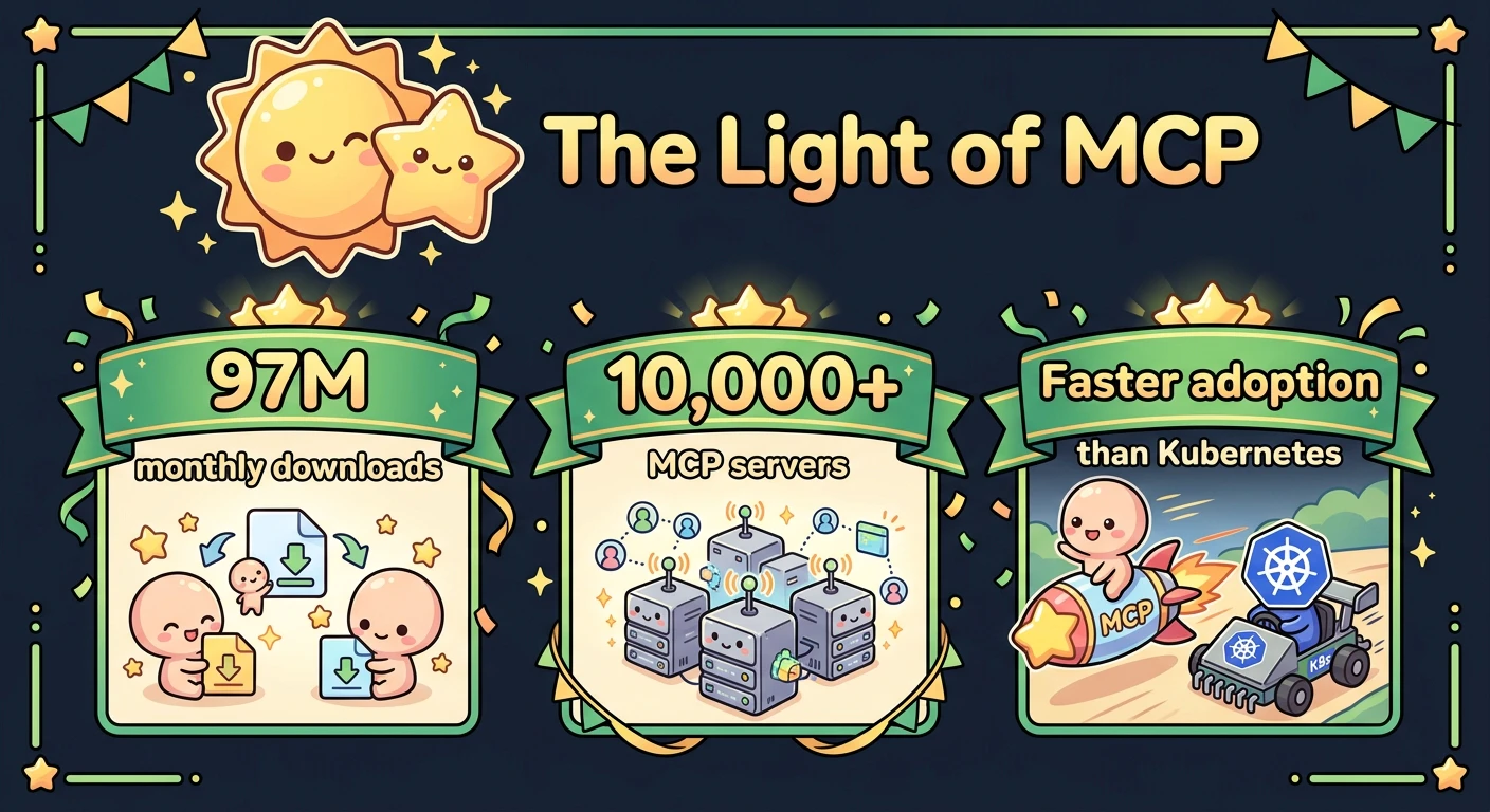 まとめスライド1: 「MCPの光」月間9700万DL、1万+サーバー、Kubernetes超えの普及速度