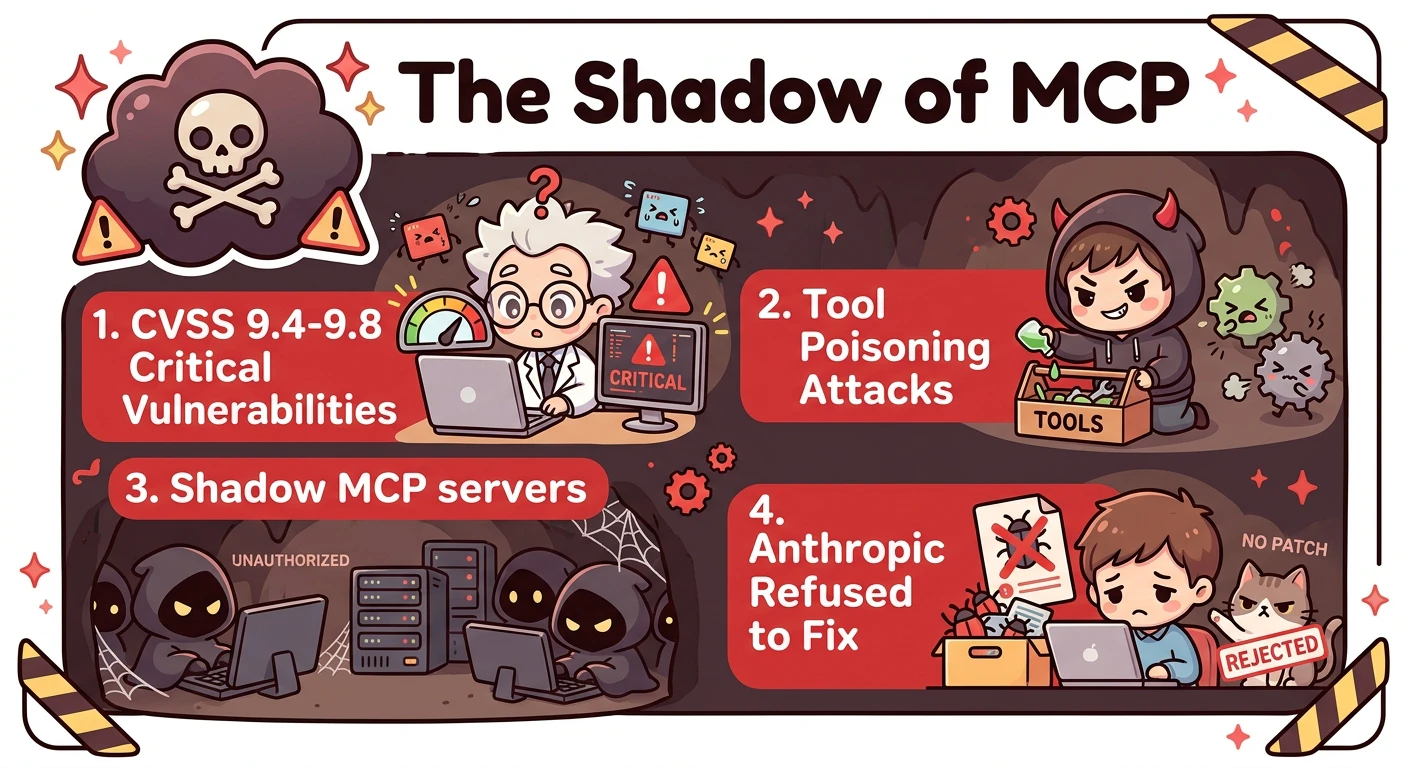 まとめスライド2: 「MCPの影」CVSS 9.4-9.8の脆弱性多発、Tool Poisoning、Shadow MCP、Anthropic修正拒否