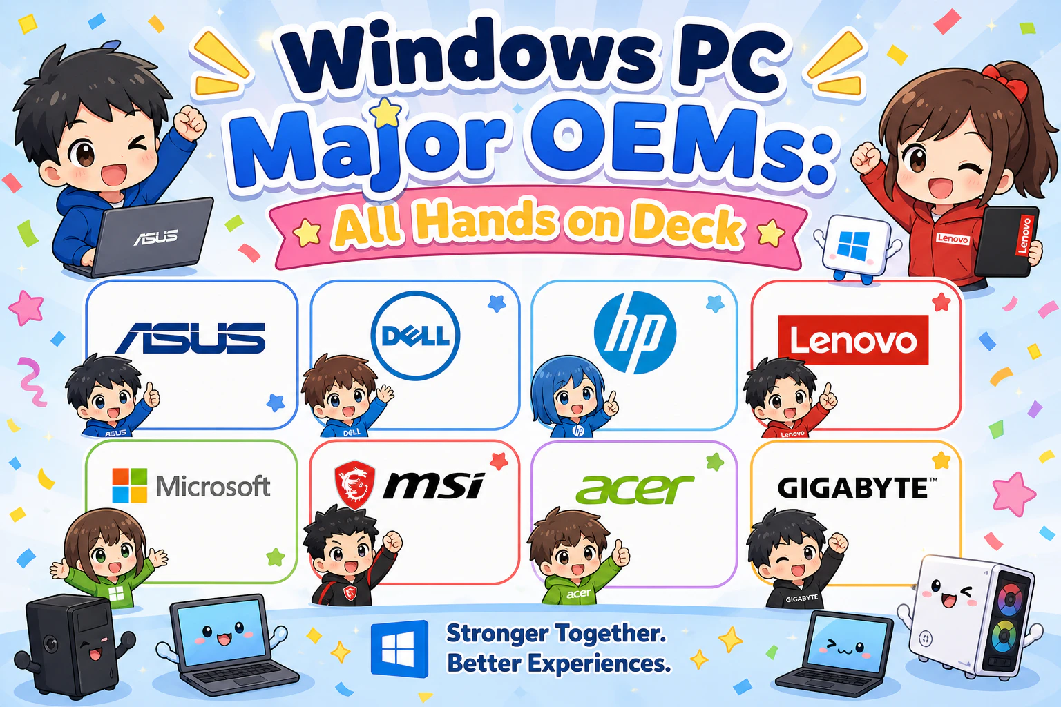 OEM 8社のロゴ集合と『Windows PC ほぼ全員参加』のキャプション
