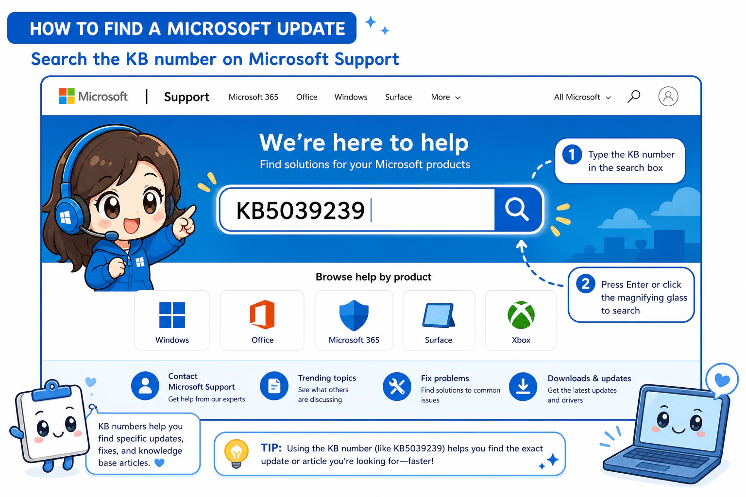 Microsoft Support サイトに検索バーで『KB5039239』と入力するモック