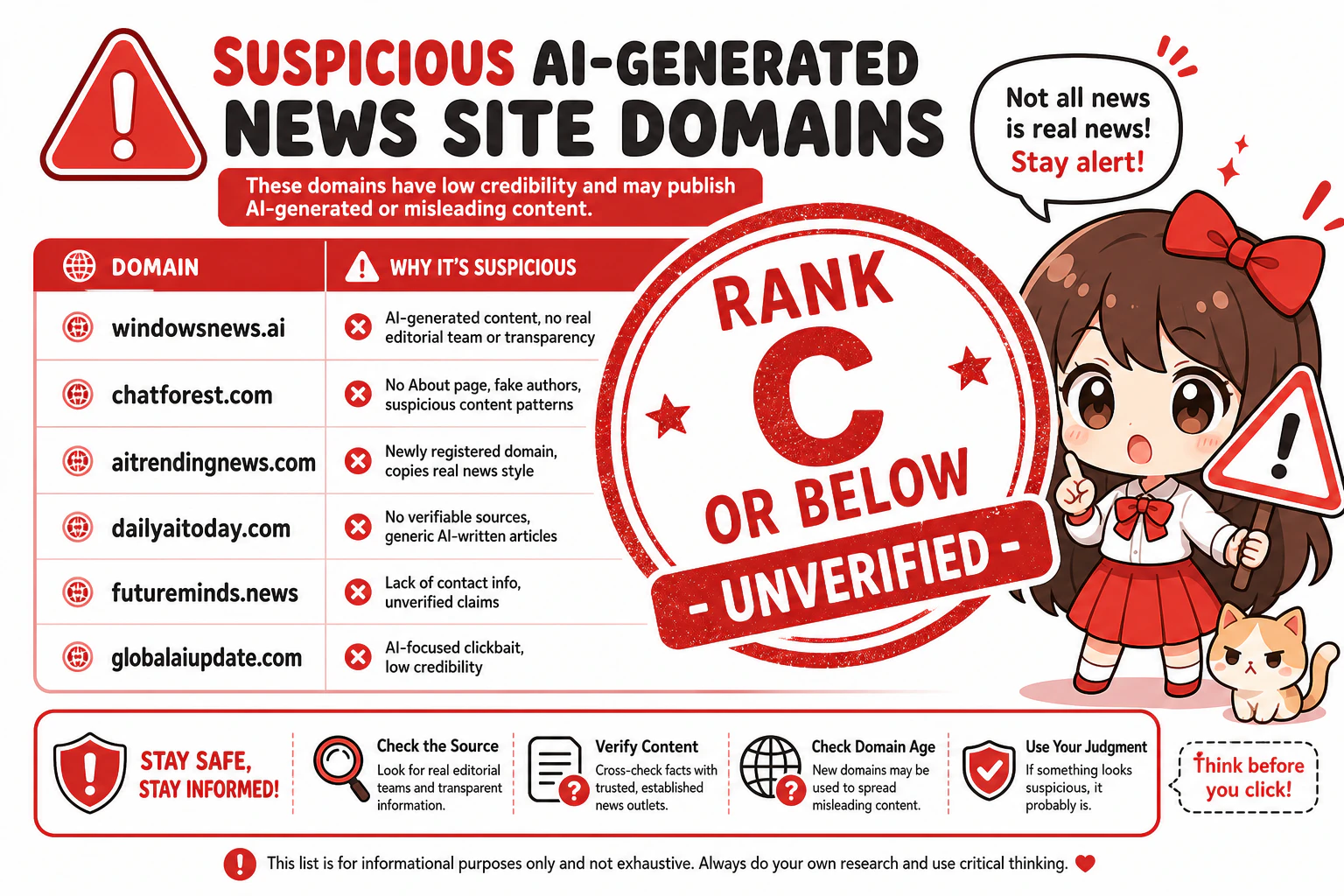 AI生成集約サイトのドメイン名を一覧表示し、赤い『ランクC未満』スタンプ