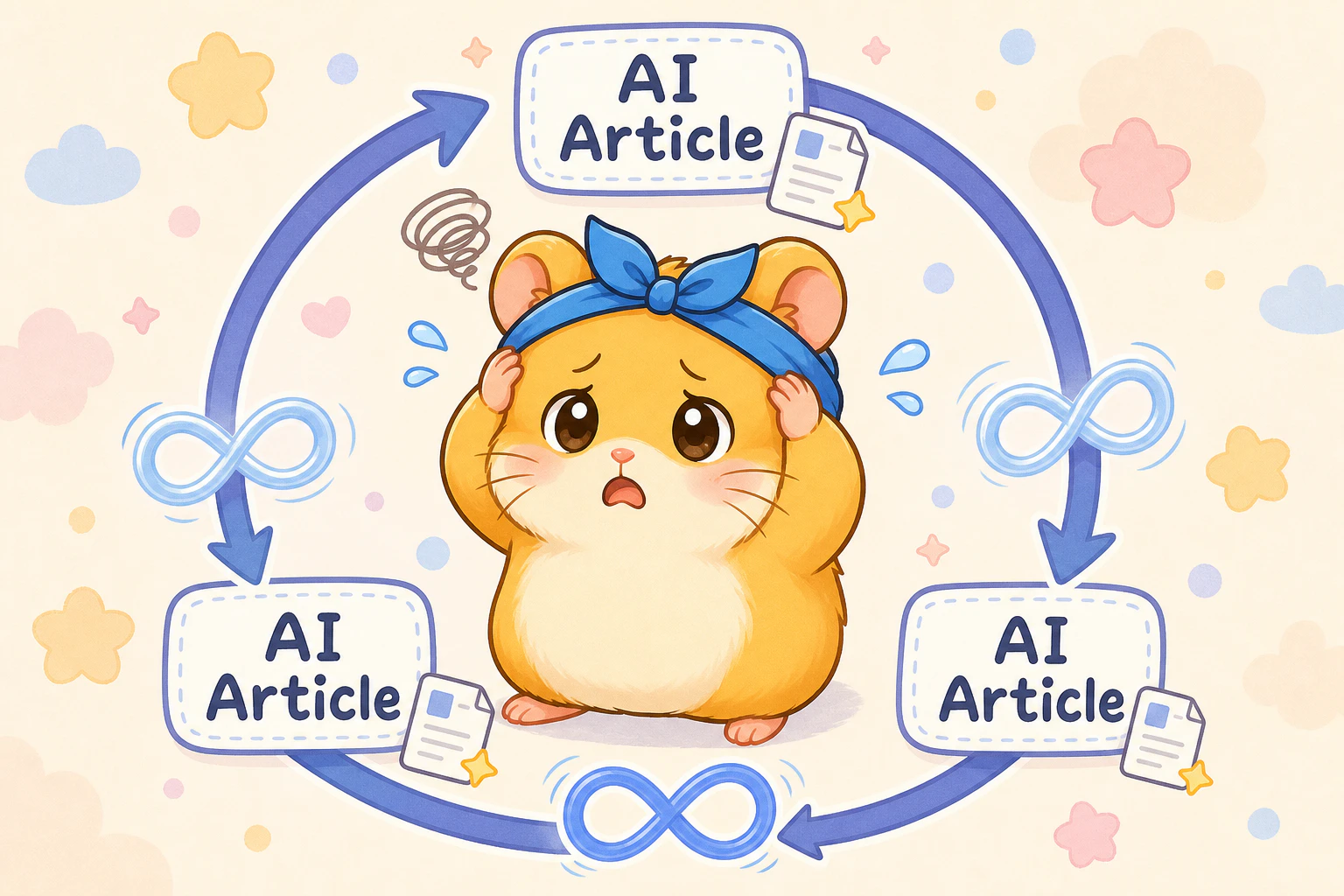 もっちーが頭を抱え、円環状の『AI記事→AI記事』の連鎖図