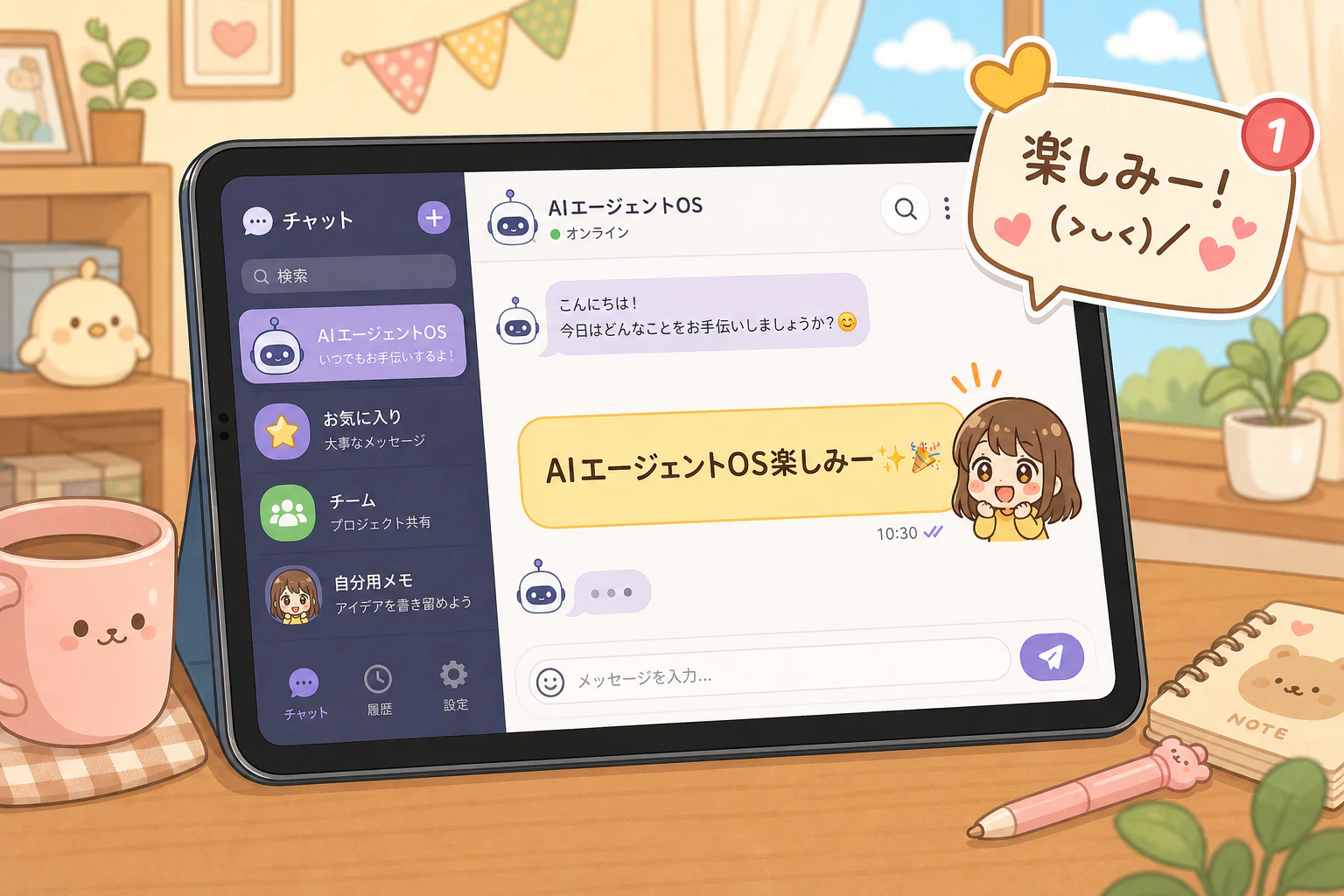 飼い主のタブレット風画面に『楽しみー』のチャット