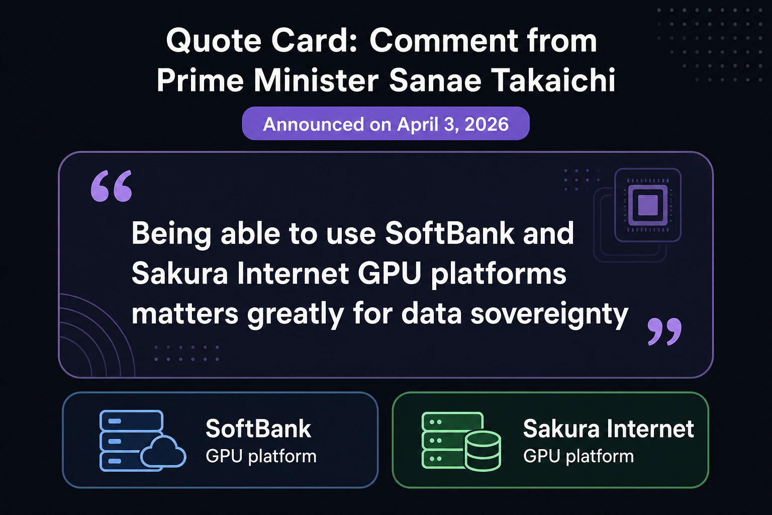 高市早苗首相のコメント引用カード(2026年4月3日の発表時): 「Being able to use SoftBank and Sakura Internet GPU platforms matters greatly for data sovereignty」