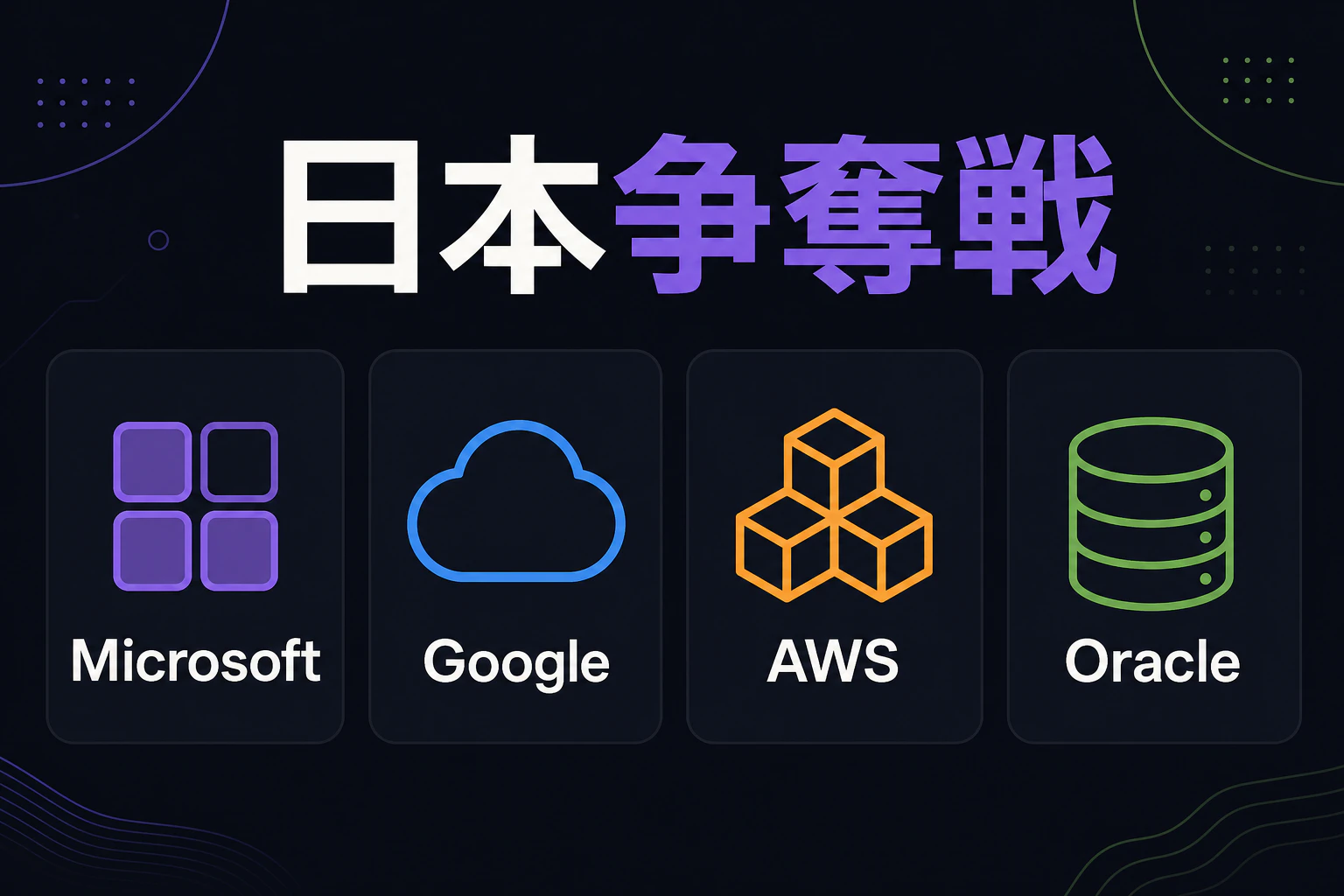 Microsoft・Google・AWS・Oracle の4社ロゴを横並びで表示し「日本争奪戦」の見出しを重ねる