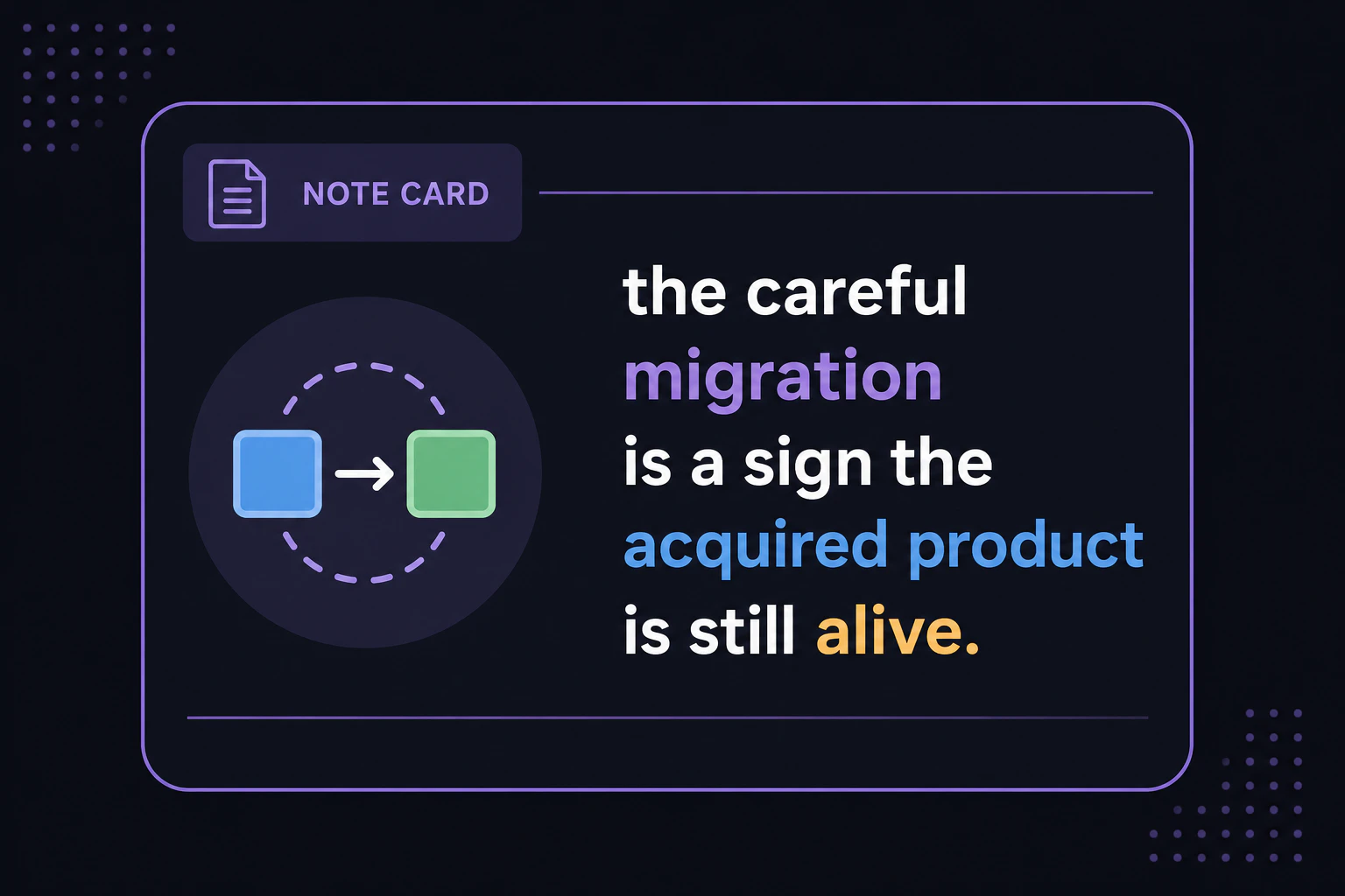 Note card: the careful migration is a sign the acquired product is still alive