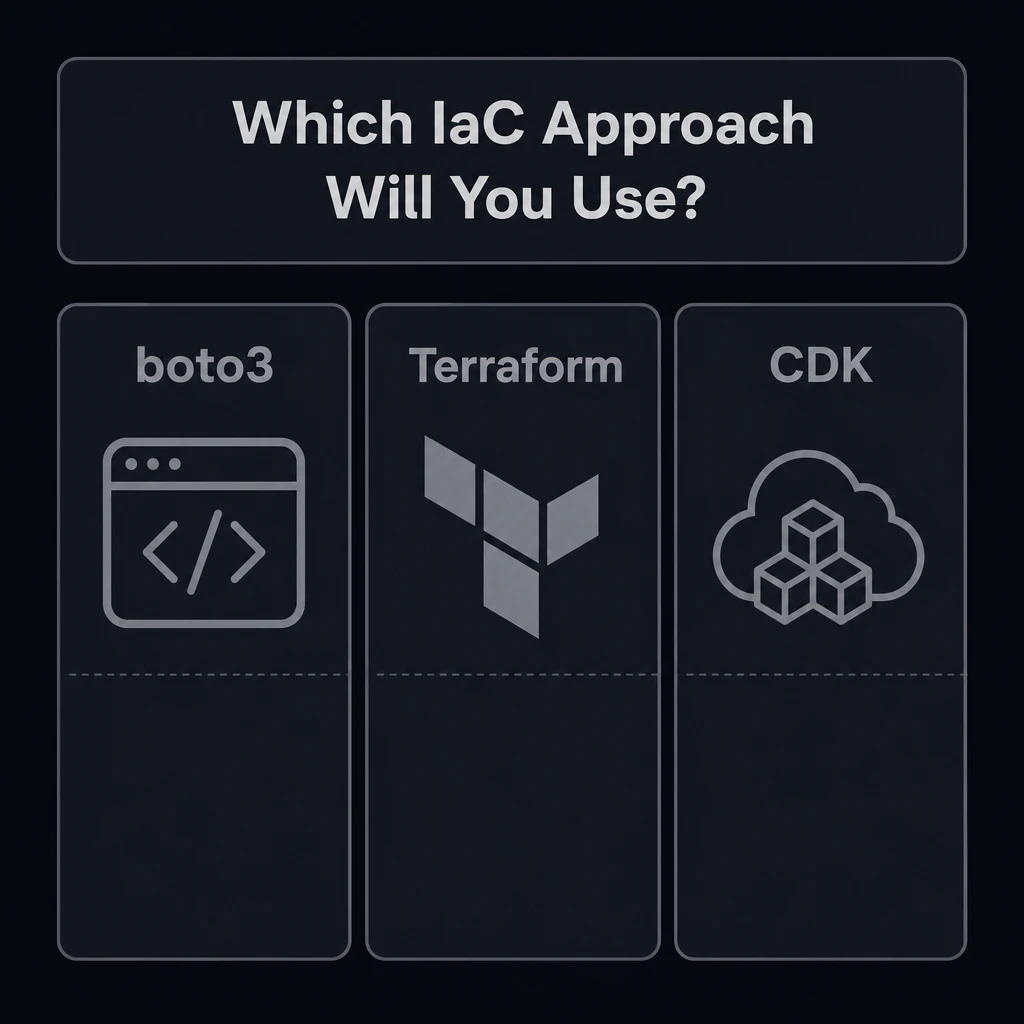 Title card: three lanes labeled boto3, Terraform, CDK side by side, all greyed out