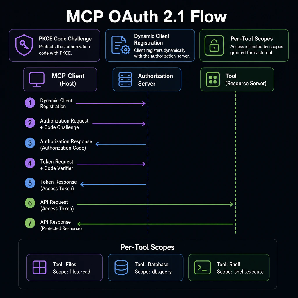 MCP OAuth 2.1 flow diagram: PKCE code challenge, dynamic client registration, per-tool scopes