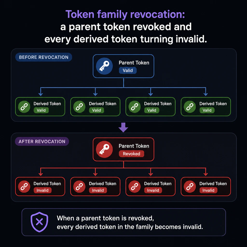 Token family revocation: a parent token revoked and every derived token turning invalid