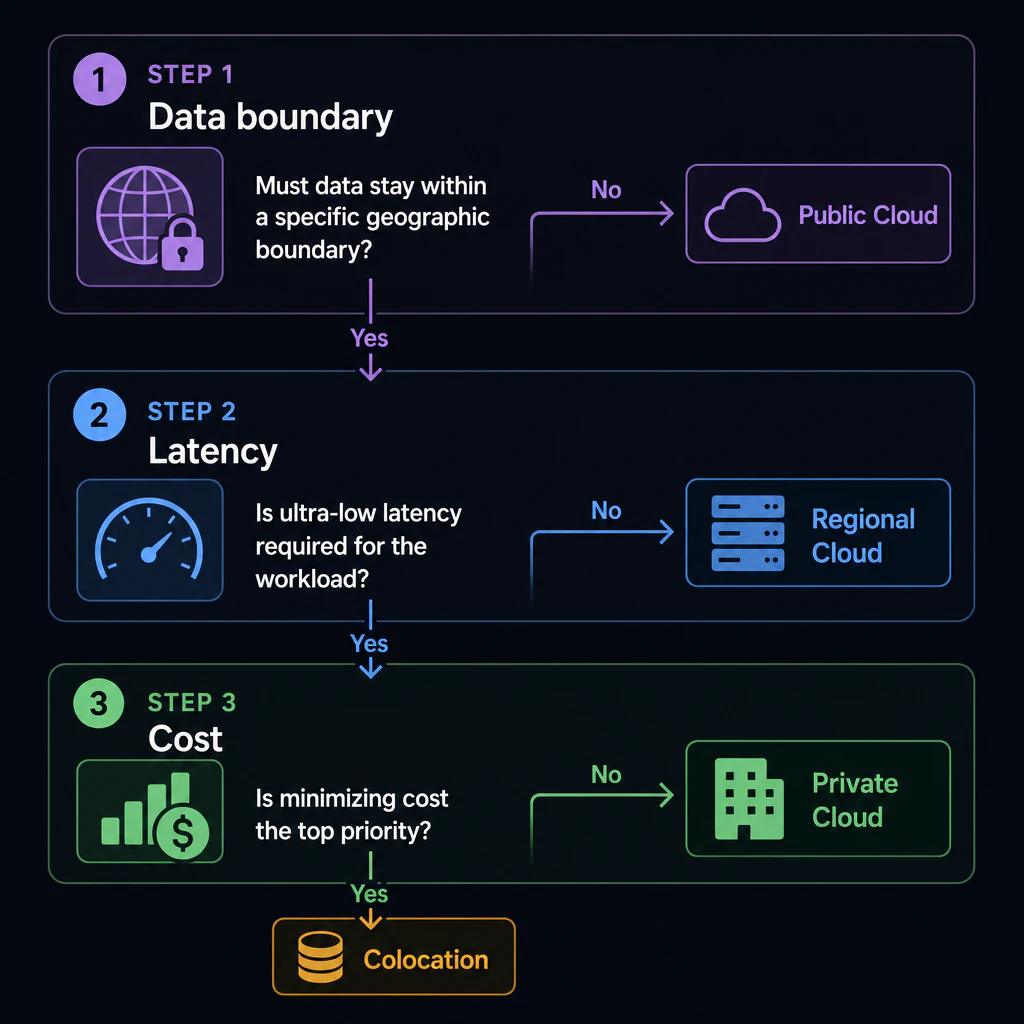 Decision flowchart appears step by step: Step 1 data boundary, Step 2 latency, Step 3 cost