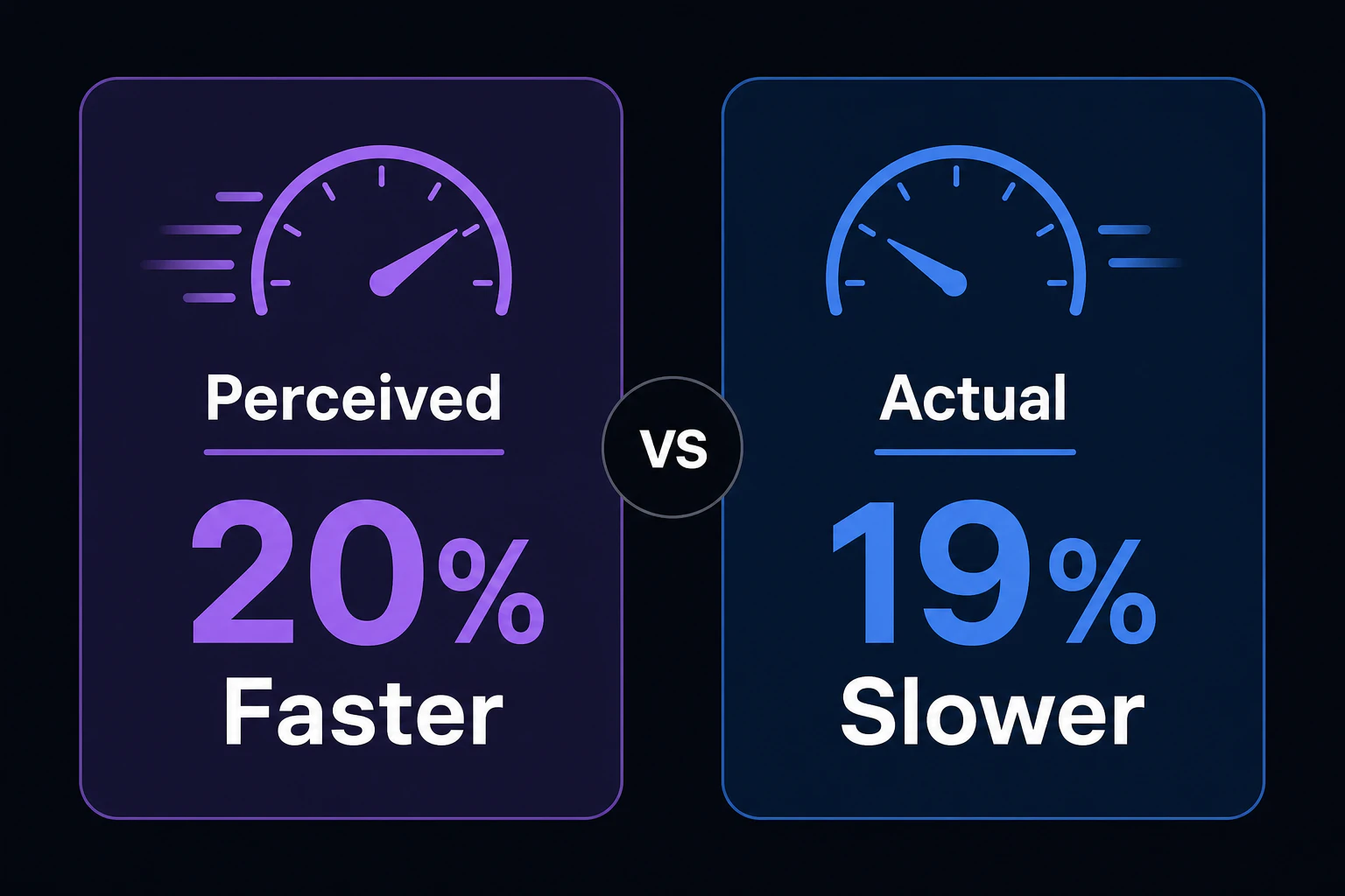 体感と実測のギャップを対比図解(Perceived: 20% Faster vs Actual: 19% Slower と英語で表記)