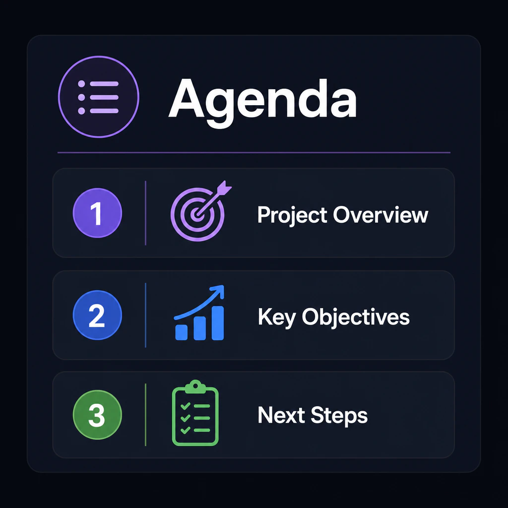 Agenda card with three numbered items
