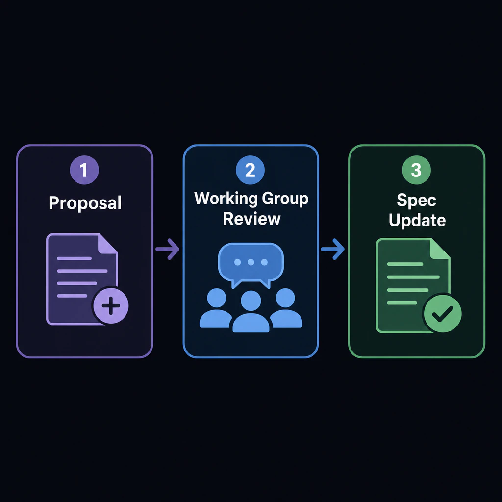 Flow: proposal, working group review, spec update