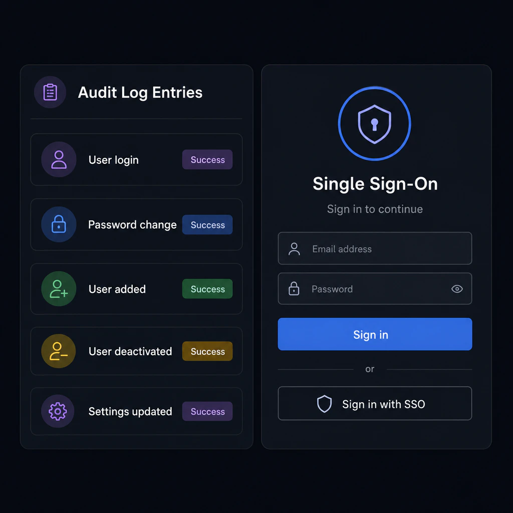 Audit log entries and an SSO login screen shown side by side