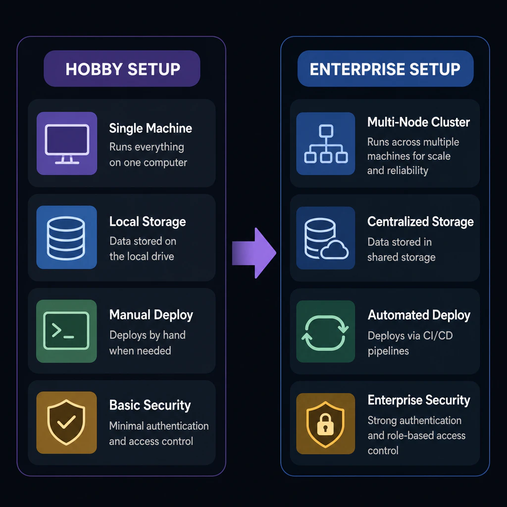 Shift diagram: hobby setup on the left, enterprise setup on the right