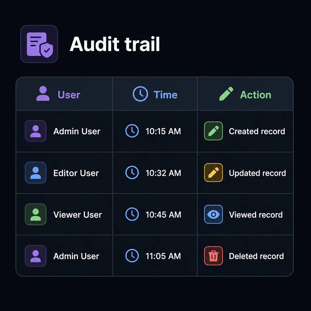 Audit trail table with user, time, and action columns