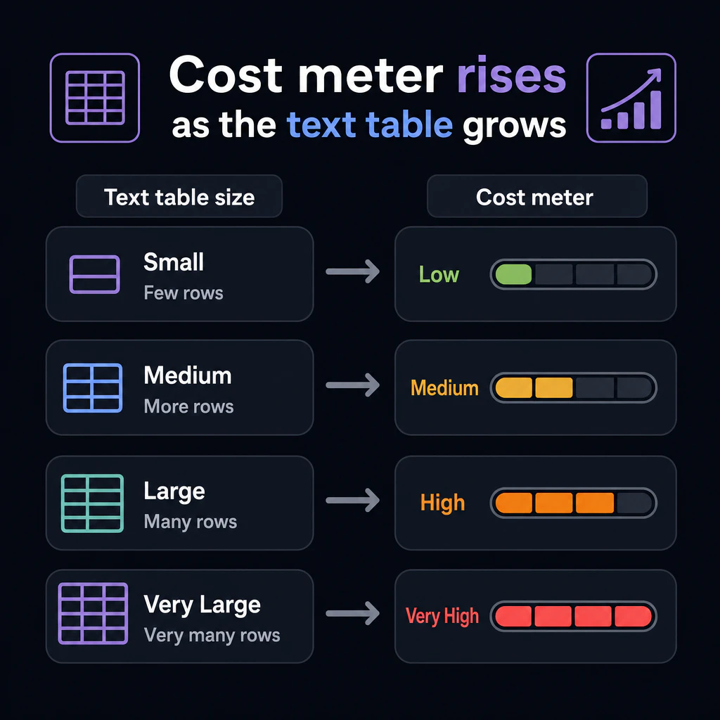 Cost meter rising as the text table grows