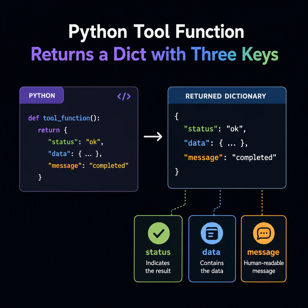 Python tool function returning a dict with three labeled keys