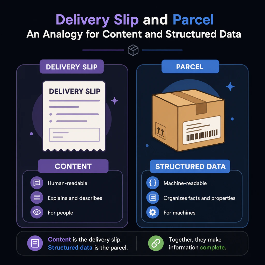 Delivery slip and parcel shown as an analogy for content and structured data