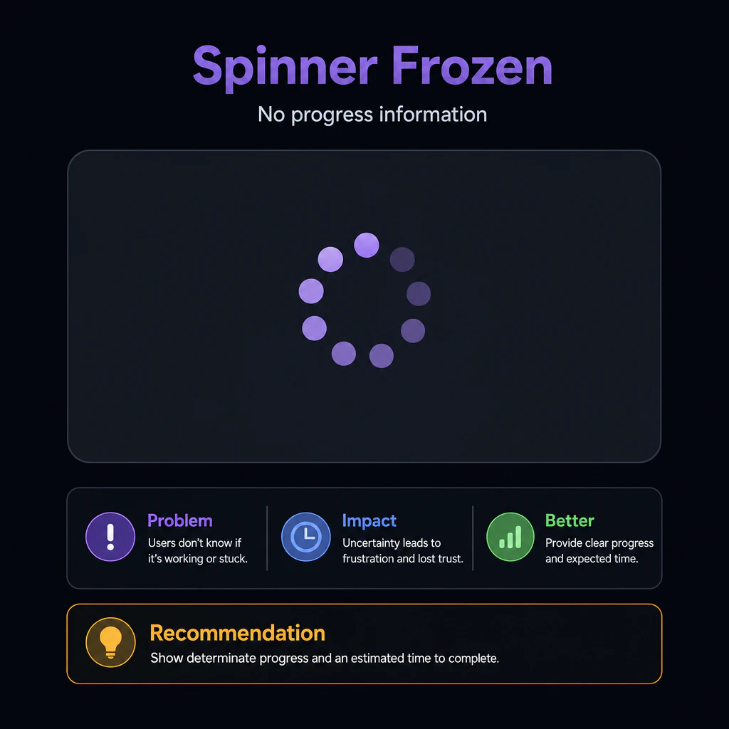 Spinner frozen on screen with no progress information