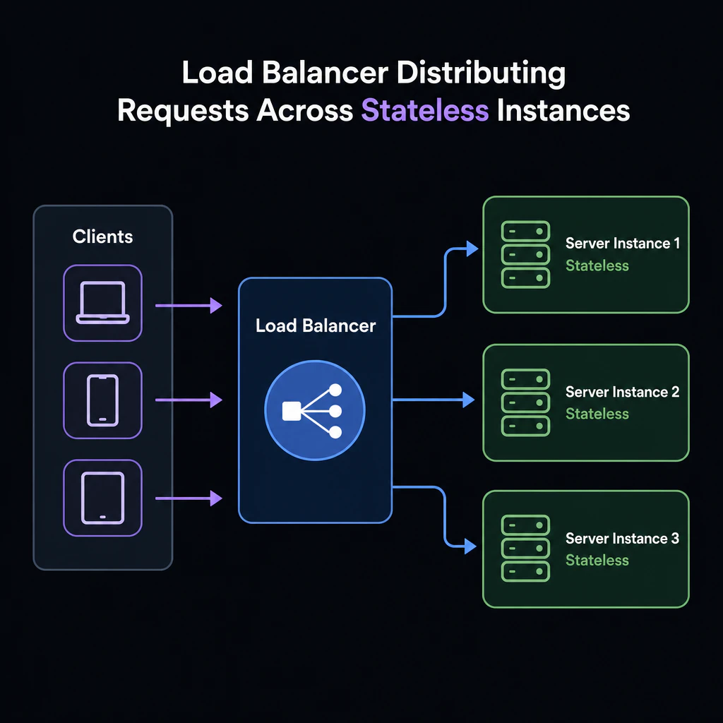 Load balancer distributing requests across stateless server instances