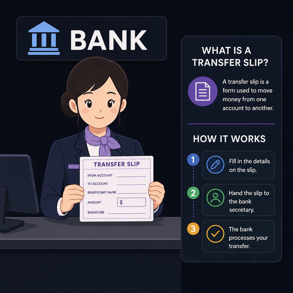 Secretary at a bank counter holding a transfer slip